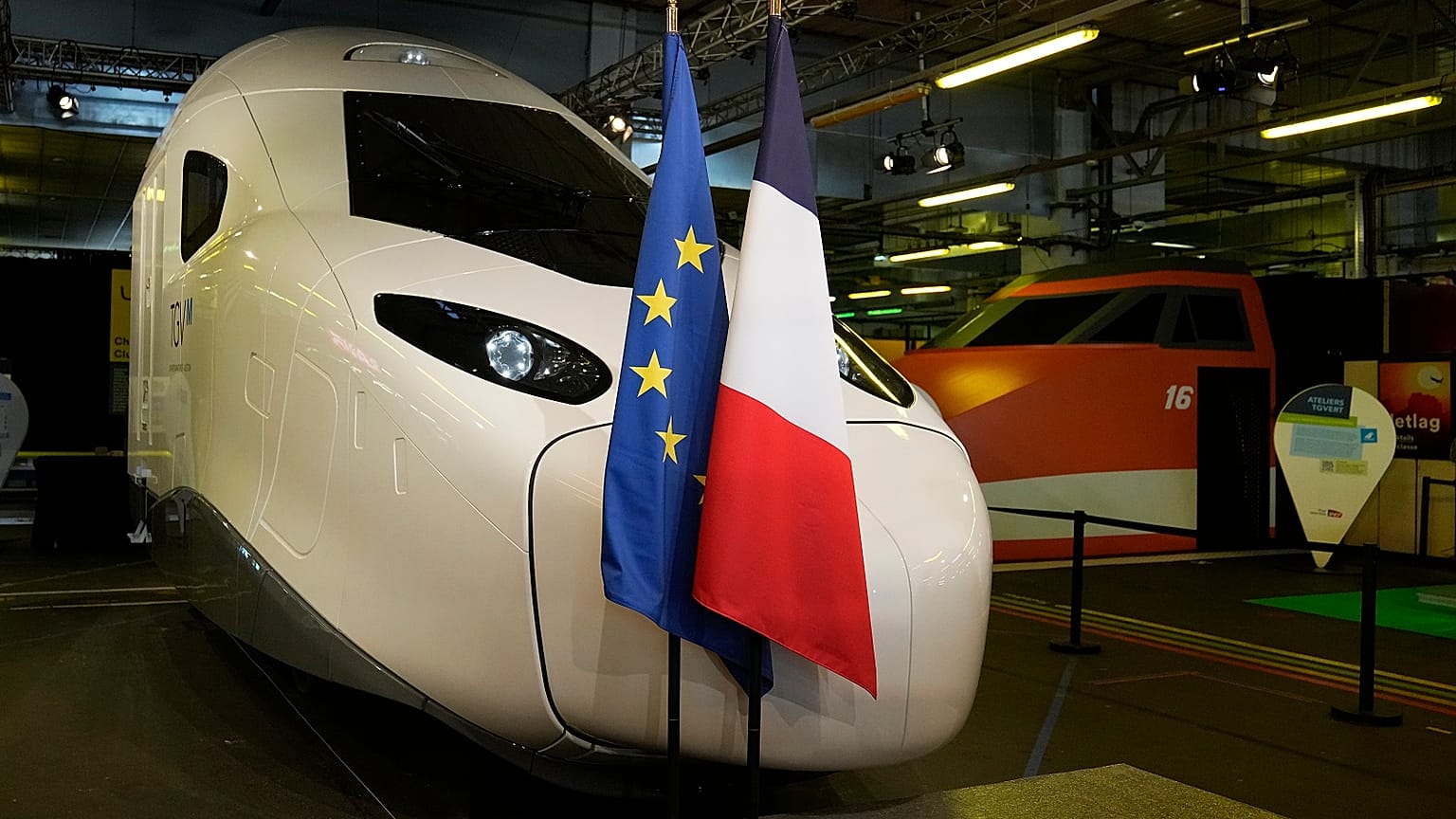 The nose of the SNCF's "TGV M" next generation high-speed train is pictured at Gare de Lyon on September 17, 2021.