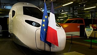 The nose of the SNCF's "TGV M" next generation high-speed train is pictured at Gare de Lyon on September 17, 2021.
