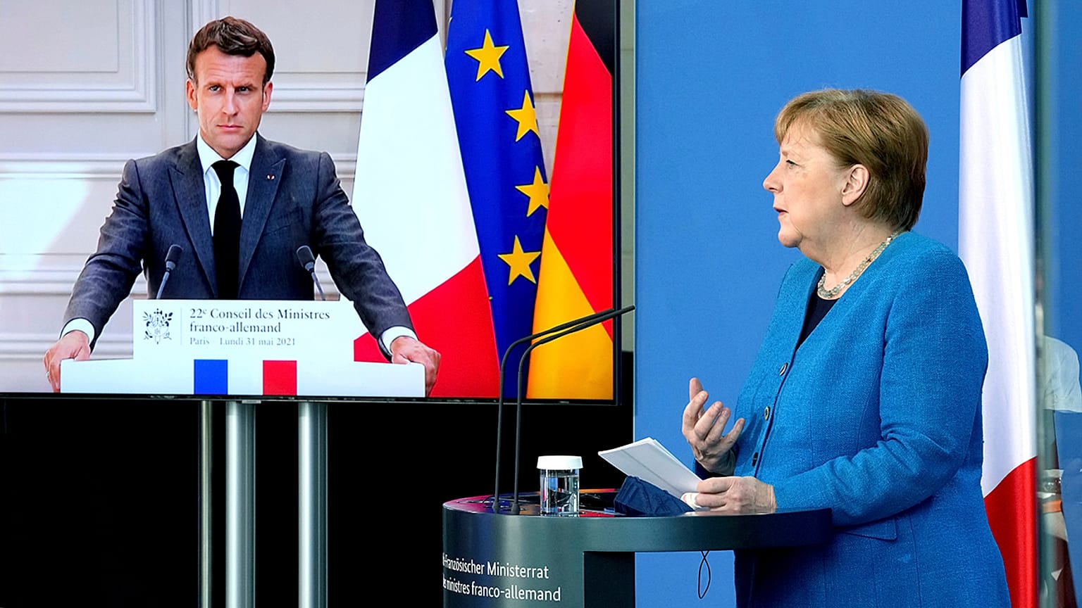 Almanya Başbakanı Angela Merkel ile Fransa Cumhurbaşkanı Emmanuel Macron, sanal ortak basın toplantısı düzenledi