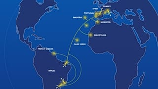 Mapa com as diversas ligações do primeiro cabo ótico entre a Europa e a América do Sul