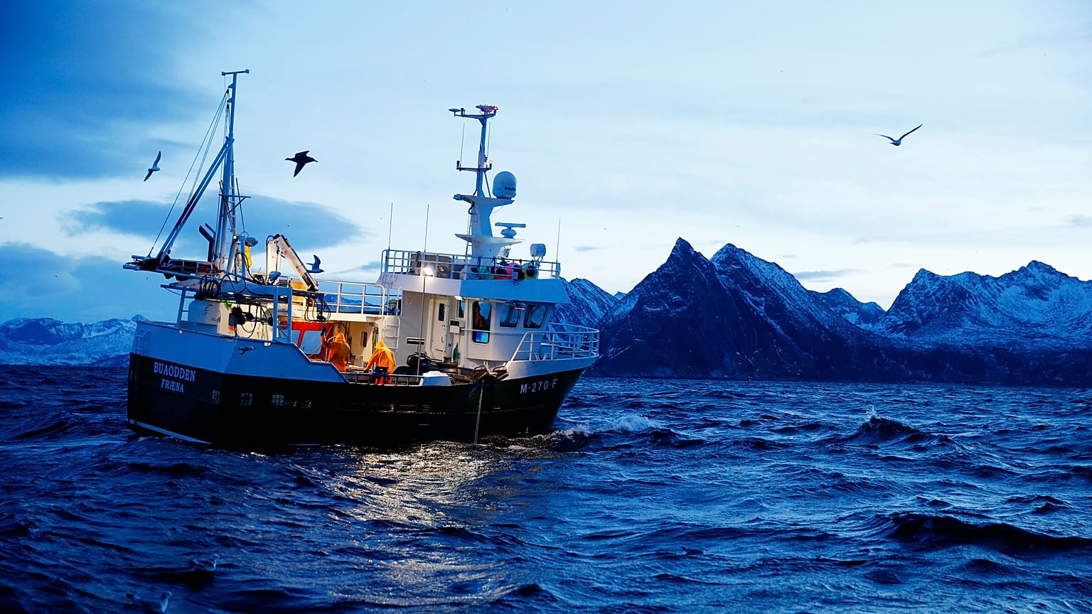 This is a Jan 1 2016 file photo of Jan Gunnar Johansen and Trond Dalgard as they fish for cod from the vessel Buaodden in the Norwegian Sea near Gryllefjord, northern Norway.