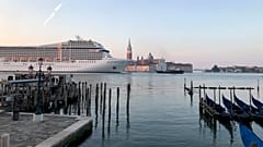 ruise ship MSC Orchestra passes in the Giudecca Canal in Venice, Italy, early Thursday, June 3, 2021. 