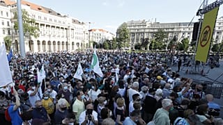 Protesters gather in downtown Budapest, Hungary, Saturday, June 5, 2021. 