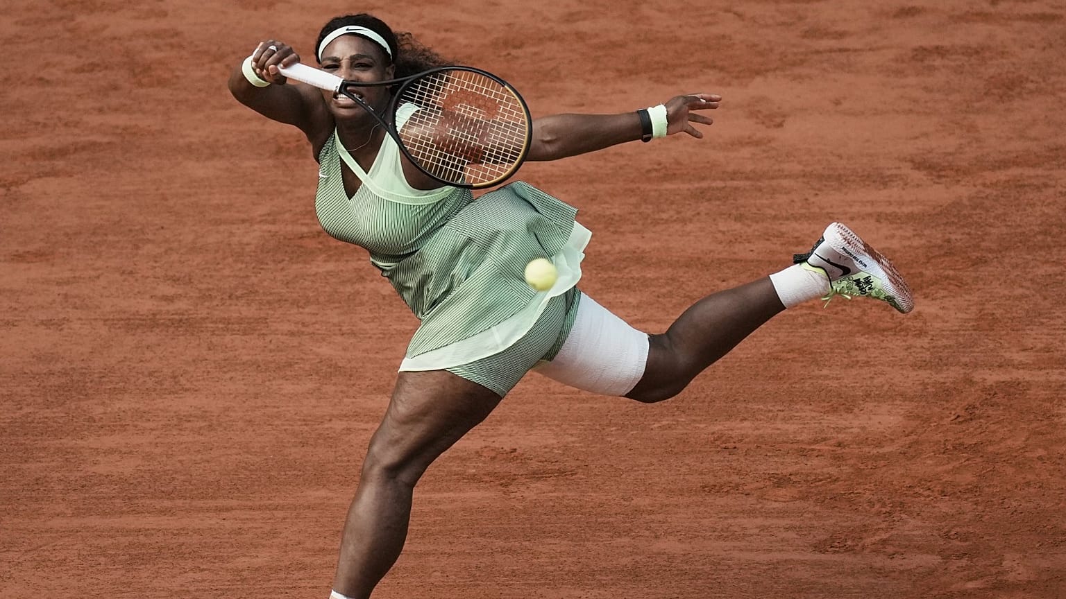 United States Serena Williams plays a return to Kazakhstan's Elena Rybakina during their fourth round match on day 8, of the French Open tennis tournament.