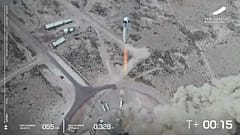 In this image from video made available by Blue Origin, the New Shepard rocket lifts off during a test in West Texas on Wednesday, April 14, 2021.