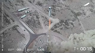 In this image from video made available by Blue Origin, the New Shepard rocket lifts off during a test in West Texas on Wednesday, April 14, 2021.