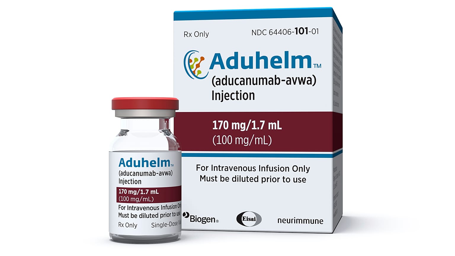 This image provided by Biogen on Monday, June 7, 2021 shows a vial and packaging for the drug Aduhelm