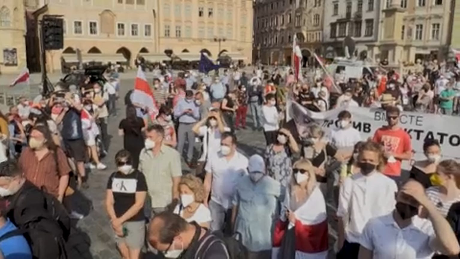 Pan right of the rally 'Together for Belarus' in Prague, June 7 2021
