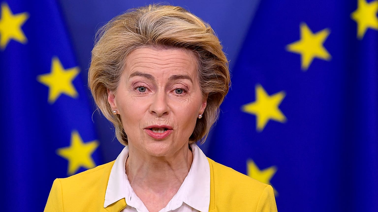 European Commission President Ursula von der Leyen at EU headquarters in Brussels, April 14, 2021. 