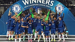 Chelsea's team captain Cesar Azpilicueta lifts the trophy at the end of the Champions League final match between Manchester City and Chelsea,  in Porto, Portugal, May 29, 2021