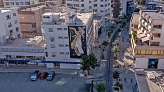 A mural by Greek artist Fikos, who describes himself as a "neo-muralist", is pictured on a building on Stasikratous Street