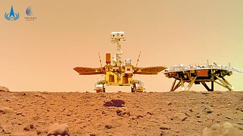 A remote camera captured Zhurong next to its landing platform on the Red Planet