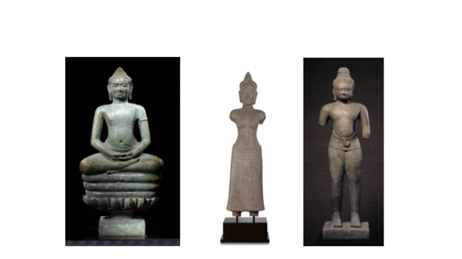 Naga üzerinde meditasyon yapan Bronz Buda (sol), Kumtaşı Prajnaparamita (orta) ve Kumtaşı Duran Shiva.