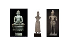 Naga üzerinde meditasyon yapan Bronz Buda (sol), Kumtaşı Prajnaparamita (orta) ve Kumtaşı Duran Shiva.