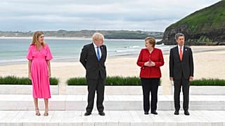 Carrie und Boris Johnson mit Angela Merkel und Peter Sauter in Cornwall beim G7-Gipfel