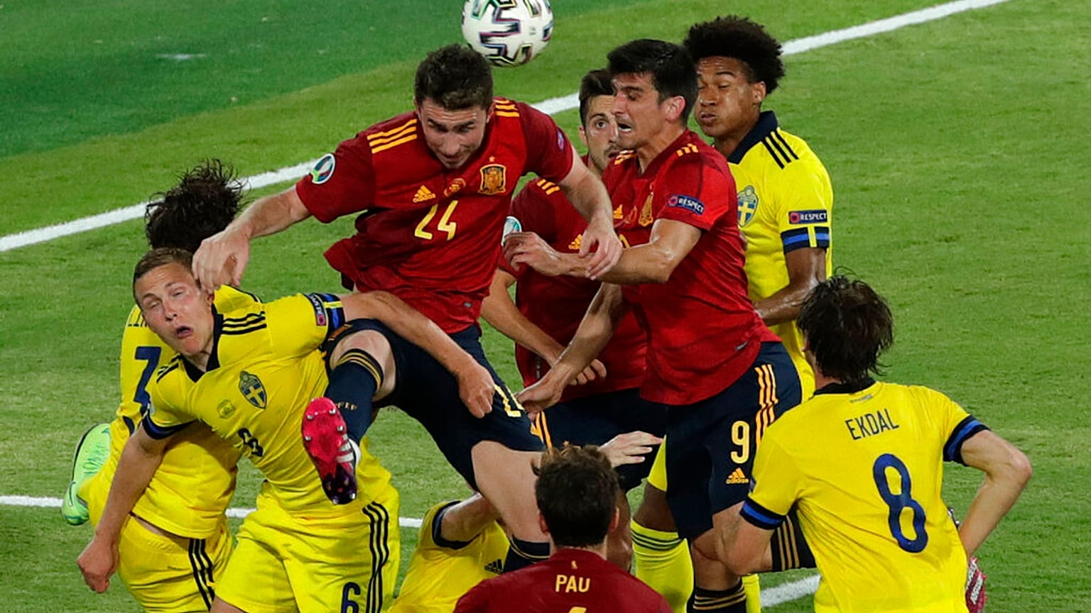 Spain's Aymeric Laporte goes for a header during the Euro 2020 soccer championship group E soccer match between Spain and Sweden