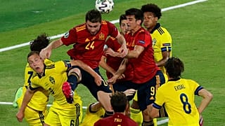 Spain's Aymeric Laporte goes for a header during the Euro 2020 soccer championship group E soccer match between Spain and Sweden