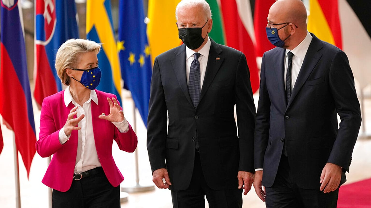 European Commission President Ursula von der Leyen, European Council President Charles Michel, right, and U.S. President Joe Biden arrive for the EU-US summit, June 15, 2021.