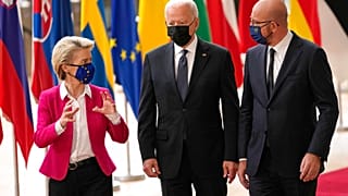 European Commission President Ursula von der Leyen, European Council President Charles Michel, right, and U.S. President Joe Biden arrive for the EU-US summit, June 15, 2021.
