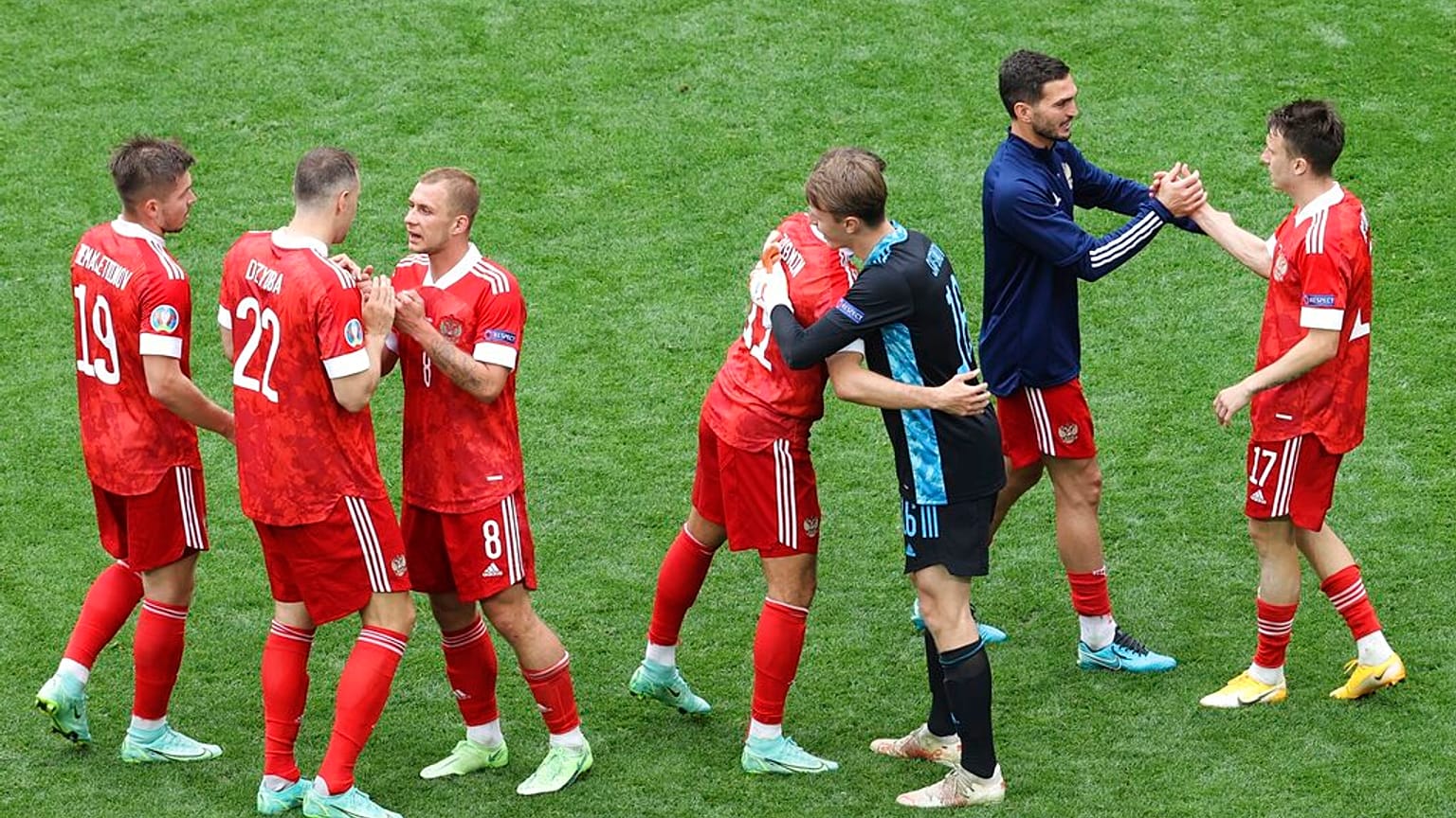 Russia's Aleksei Miranchuk celebrates after scoring the opening goal during the Euro 2020 football championship group B match between Finland and Russia at the Gazprom Arena.