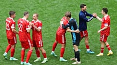 Russia's Aleksei Miranchuk celebrates after scoring the opening goal during the Euro 2020 football championship group B match between Finland and Russia at the Gazprom Arena.