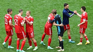 Russia's Aleksei Miranchuk celebrates after scoring the opening goal during the Euro 2020 football championship group B match between Finland and Russia at the Gazprom Arena.