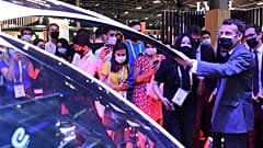 French President Emmanuel Macron visits stands at the VivaTech startup and tech event in Paris Wednesday, June 16, 2021.