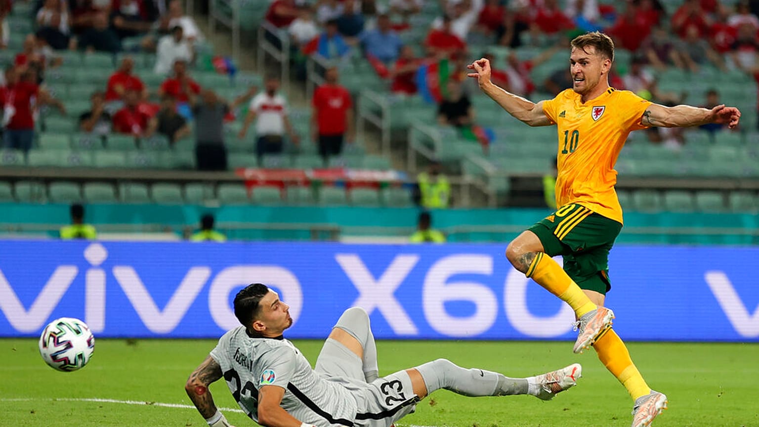 Wales' Aaron Ramsey, right, scores his sides first goal past Turkey's goalkeeper Ugurcan Cakir