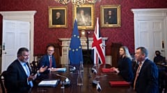 European Commission vice-president Maros Sefcovic (L) and his UK counterpart David Frost in post-Brexit Partnership Council and Joint Committee meetings, London, June 9, 2021.