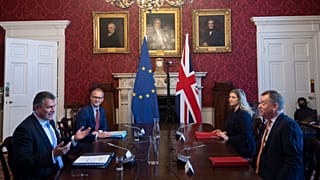 European Commission vice-president Maros Sefcovic (L) and his UK counterpart David Frost in post-Brexit Partnership Council and Joint Committee meetings, London, June 9, 2021.