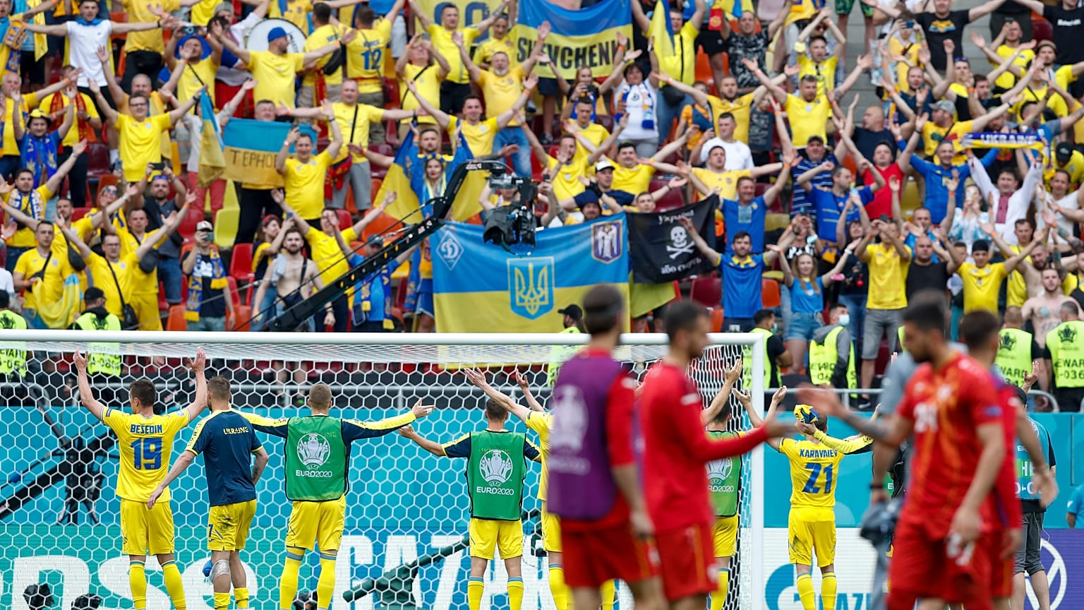 Ukraine players greet their supporters following their Euro 2020 group C match against North Macedonia at the National Arena stadium, Bucharest, Romania, June 17, 2021.