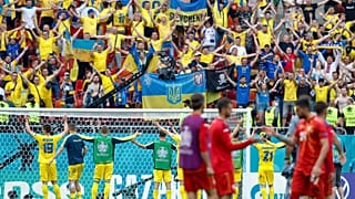 Ukraine players greet their supporters following their Euro 2020 group C match against North Macedonia at the National Arena stadium, Bucharest, Romania, June 17, 2021.