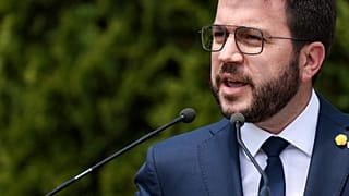 Newly appointed Catalan regional president Pere Aragones speaks during a press conference in Brussels