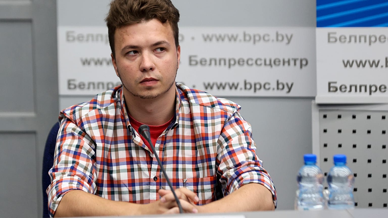 Belarusian dissident journalist Roman Protasevich attends a news conference at the Ministry of Foreign Affairs in Minsk, Belarus, Monday, June 14, 2021.