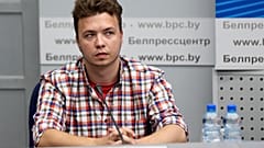 Belarusian dissident journalist Roman Protasevich attends a news conference at the Ministry of Foreign Affairs in Minsk, Belarus, Monday, June 14, 2021.