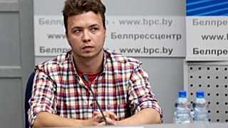 Belarusian dissident journalist Roman Protasevich attends a news conference at the Ministry of Foreign Affairs in Minsk, Belarus, Monday, June 14, 2021.