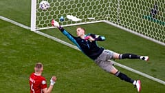 Peter Gulacsi deflects a shot away from goal during the Euro 2020 group F match between Hungary and France at the Ferenc Puskas stadium in Budapest, Hungary, June 19, 2021. 