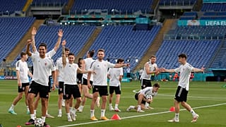 Players of Wales cheer during a team training session at Olympic stadium in Rome, Saturday, June 19, 2021