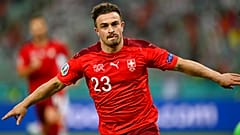 Switzerland's Xherdan Shaqiri celebrates scoring his side's third goal against Turkey on Sunday