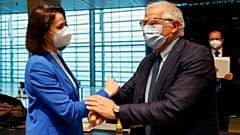 European Union foreign policy chief Josep Borrell, right, greets Belarusian opposition politician Sviatlana Tsikhanouskaya during a European Foreign Affairs Ministers meeting.