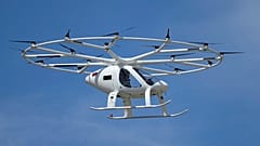 An urban air taxi prototype by German based company Volocopter makes a test flight at Le Bourget, Paris.