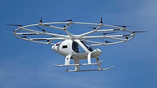An urban air taxi prototype by German based company Volocopter makes a test flight at Le Bourget, Paris.