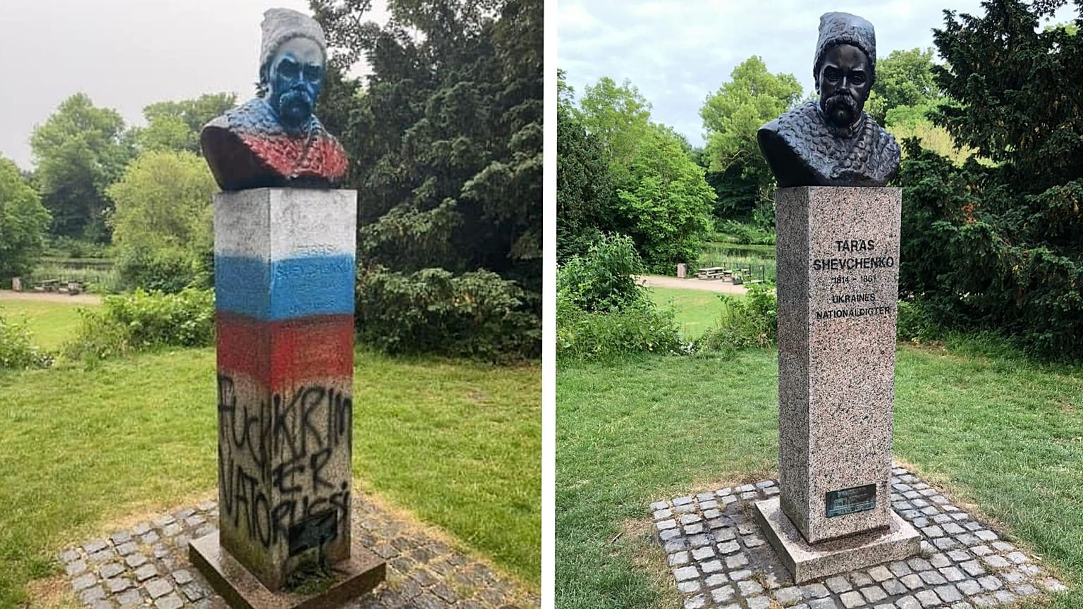 The monument was likely defaced before Monday's UEFA Euro 2020 match in Copenhagen.