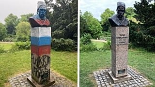 The monument was likely defaced before Monday's UEFA Euro 2020 match in Copenhagen.