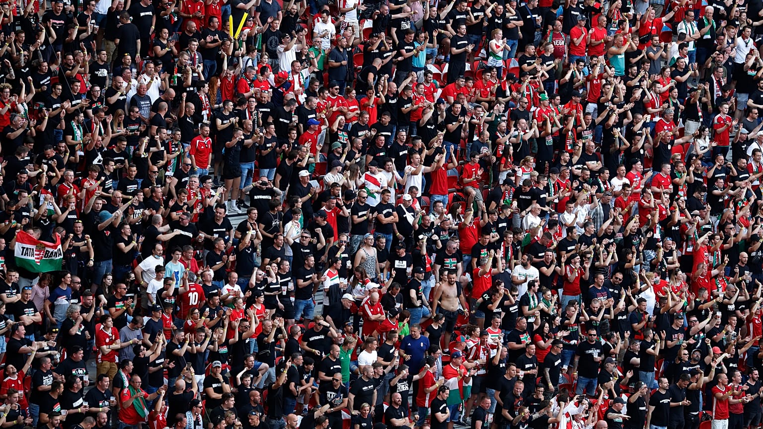 n this June 15, 2021 file photo, Hungarian fans wait for the start of the Euro 2020 championship group F match between Hungary and Portugal at the Ferenc Puskas stadium.