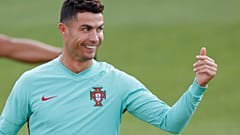 Portugal's Cristiano Ronaldo gestures during a training session in Budapest, Hungary, June 22, 2021.