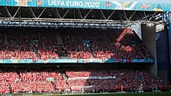 Koppenhága, 2021. június 17. A lelátó a 2020-as labdarúgó Európa-bajnokság B csoportjának második fordulójában játszott Dánia-Belgium mérkőzés előtt 