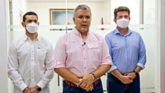 President Ivan Duque speaks, flanked by Interior Minster Daniel Palacios, left, and Defence Minister Diego Molano, in Cucuta, Colombia, Friday, June 25, 2021.