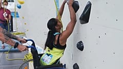 La championne belge d'handi-escalade Pavitra Vandenhoven lors des championnats du monde à Innsbruck (Autriche), le 24 juin 2021 - capture d'écran d'une vidéo EBU