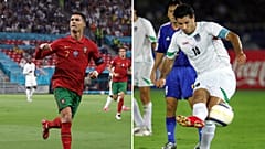 Portugal's Cristiano Ronaldo (left) is likely to break the international goals record of Iran's Ali Daei (right).